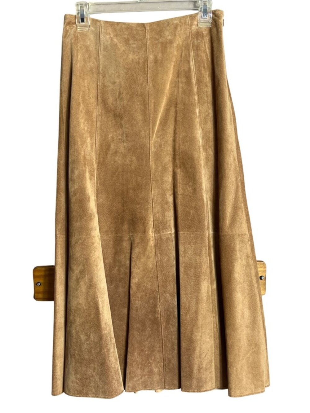 Worth Suede Leather Midi Skirt Minimalist A-line Godet Pleats Fall Layering Wm 2